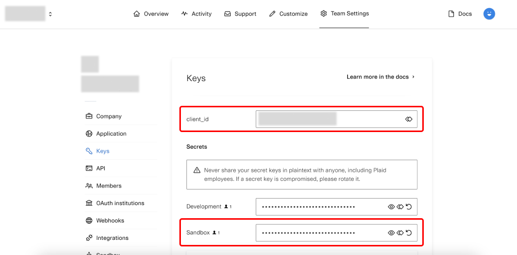 Add your Plaid Client ID and Secret Key in the appropriate fields.